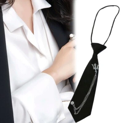 School Uniform Black Ties Harajuku Metal Crown Chain Vintage Pre Tied Necktie