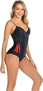 [HHZY] Women One Piece Swimsuits Sexy V Neck Padded Halter Bathing Suits Tummy Control Swimsuit Rose Leaf Printed Monokini Swimwear,Black,M