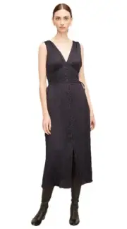 Rebecca Taylor Button Front Midi Bustier Dress Medium Navy Pleated Reg $495