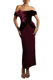 [Rhea Costa] SIRI BURGUNDY VELVET AND CREPE DRESS IT 44 RED