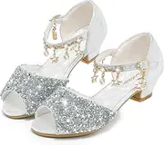 [Furdeour] Sparkly Girls Dress Shoes Princess Shoes High Heels Peep Toe Low Heel Glitter Toddler Big Kid Wedding Party