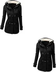 [WRITWAA] 2pcs Classic Pea Jacket for Women Long Wool Blended Coat Zipper Stopper Warm Casual Insulated Lining Size l Black
