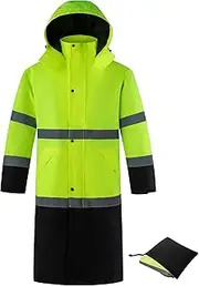 [Ubon] Men's Hi Vis Long Raincoat Waterproof Reflective Safety Rain Jacket High Visibility with Detachable Hood