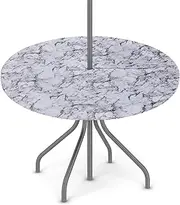 NICENEEDED Round Tablecloth with Umbrella Hole and Zipper, Round Fitted Table Cloth with White Marble Pattern, Tables Cover Elastic Tablecloths for Picnic Camping 44"-55"