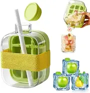 Ice Cube Bottle, 2 in 1 Zero Touch Press Ice Cube Mold Water Bottle with Lid and Bin, Ice Bottle Cup, Easy Press to Release Vertical Ice Cube Tray with Lid for Freezer (Green)