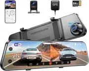 AZDOME PG17 WiFi Rear View Mirror Camera, 12" Mirror Dash Cam, Dual Camera 2.5K Front and 1080P Rear Camera for Car, Free 64GB TF Card, Waterproof Backup Camera Night Vision, Parking Assistance GPS