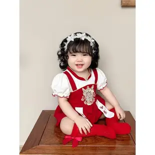周歲女寶禮服滿月百天女寶寶衣服夏季嬰兒紅色中國風百日宴連體衣