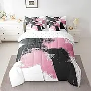 Feelyou Kids Abstract Art 7 Piece Bedding Set Queen Size Modern Pink and Black Abstract Comforter Set with Sheets for Boys Girls Geometric Bed in a Bag Soft