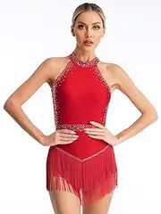 [RUNQHUI] Women's Fringe Trim Dance Leotard Halter Sleeveless Gymnastics Bodysuit Concert Outfits Burgundy XX-Large