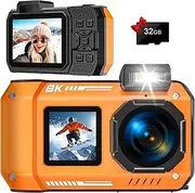 Digital Camera, YISENCE 8K Robust Waterproof Dustproof Shockproof Digital Camera with 32GB Card 70MP Autofocus Selfie with Two Screens 33ft Underwater Camera for Snorkelling Digital Compact Cameras