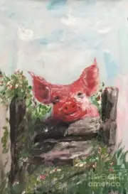 new hand made Painting on 8"*12"canvas CHREEFUL PIG IN GARDEN by Wendy