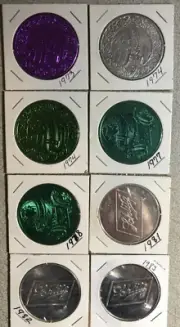 SCHLITZ BEER lot (8) 1-1/2" aluminum tokens (1973-1983) Mardi Gras New Orleans