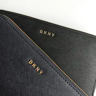 美國百分百【全新真品】DKNY 皮夾 長夾 手拿包 女包 皮革 錢包 證件 女包 精品 logo 深藍/黑色 I467