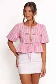 [PUP4] Ashton Tie Front Top - Pink Green Stripe XS Pink