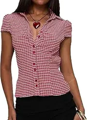 [PENNSOY] Women's Basic Button Down Shirts Cap Sleeve Lapel Collar Tight Blouse Tie Up Back Slim Fit Tops Summer Office Shirt