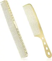 2 PCS Metal Hair Comb, Flat Space Aluminum Comb Double-Ended Versatile Anti Static Heat Resistant Fine Tooth Cutting Comb Hair Parting Tool for Professional Barbers All Hair Styles (Gold)