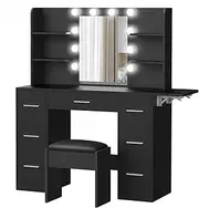 ALFORDSON Dressing Table and Stool Set with LED Mirror, Shelves and Drawers, 132cm Makeup Vanity Desk with Extendable Countertop, Black Color