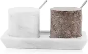 Radicaln Marble Salt Cellar with Lid & Tray Oceanic and White Handmade Set of 2 Salt & Spice Containers - Salt & Pepper Bowls Kitchen Table Decor - Sugar Bowl