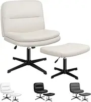 ALFORDSON Armless Criss-Cross Desk Chair with Ottoman Stool, Ergonomic Cross-Legged Office Chair with Mid-Back Design, Tilt & Height Adjust and Swivel, 180kg Max, Pax Fabric Beige