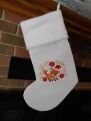 FOX IN SANTA HAT, Poinsettia, Fox Kit HANDMADE EMBROIDERED CHRISTMAS STOCKING