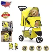 Versatile Yellow Pet Stroller with Cup Holders for Cats & Small Dogs - Foldable
