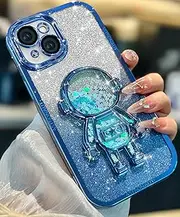 Loheckle for iPhone 15 Case - for Women Girls Cute Glitter with Camera Lens Protector Cover Astronaut Liquid Sparkle Girly Aesthetic Sparkly Bling Shiny Design Phone Case for iPhone 15 6.1", Blue