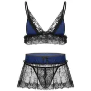 Men's Sissy Lingerie Set Ruffled Sheer Lace Nightwear Babydoll Crossdressing Underwear navy blue L