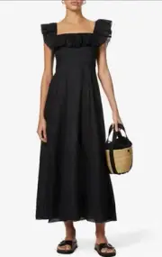 ZIMMERMANN Ruffle Neck Long Dress in Black • size 1 • AU 10 • US 6 • Linen
