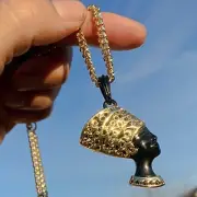 Queen Nefertiti Head Black and Gold Plated Pendant Cuban Link Chain Necklace 24"