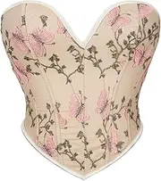 [Pitauce] Hot Women Floral Embroidery Corset Tops Go Out Sexy Backless Sweetheart Neck Bustier Bone Body Shaper Crop Top