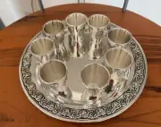 Antique Silver Plated round tray with 8 mini cups 61651