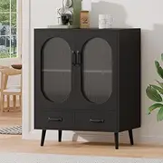 ALFORDSON Buffet Sideboard with Drawers, Chest Storage Cabinet with Transparent Fluted Doors, Tall Cupboard for Living Room, Office and Kitchen, 80x40x100cm, Black