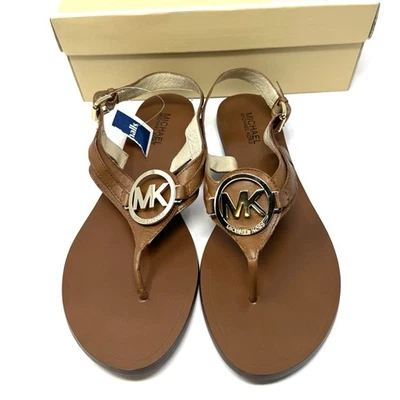 Michael Kors Women’s Charm Thong Sandal Flip Flop Brown Leather Gold 9.5 m Flat