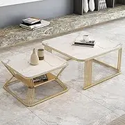 EKDJSN Nesting Coffee Table, Double-layer Design, Modern Steel Frame End Table, Square Rock Plate Side Table, Suitable for Apartment, Courtyard, Etc(Black+white,23in+7in)