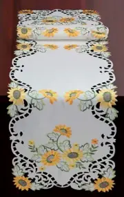 Sunflower Table Runner 15x69" Embroidered Cutwork Dresser Scarf White New 6725