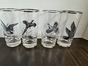 Game Bird Waterfowl Highball Tumbler Glasses Silver Rim MCM Barware Set Of 4