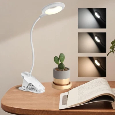 3 Level Brightness Clip on Desk Lamp Portable LED Reading Night Light Rechargeab