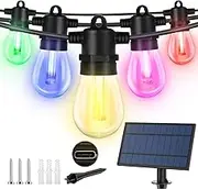 ROSHIN Solar RGB Festoon Lights Outdoor, 15M 15 Bulbs+5 Spares LED Outdoor Lights, Christmas String Lights, Color IP65 Waterproof and Shatterproof Fairy Lights for Garden, Party, Camping
