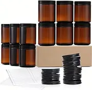 AYHOJIO 12 Pack 8 OZ Thick Amber Round Glass Jars with 12 Metal Lids & 12 Plastic Lids - Empty Candle Jar, Food Storage Containers, Canning Jar For Spice, Powder, Liquid & Dishwasher Safe