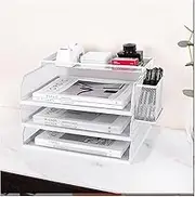 Desk File Organiser, 3 Tier Drawable Storage Rack with Top Box Letter Tray Paper Organiser with Pen Holder and Metal Hanging Basket, Simple and Stylish Office Supplies, White (Horizontal)