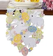 Easter Table Runner Spring Bunnys Flowery Table Runner Cutwork Embroidered Floral and Bunnys Dresser Scarf Table Topper Home Kitchen Dining Tabletop Decoration (Runner 13"×36", Bunny)
