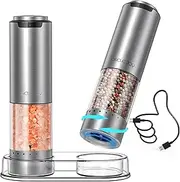 CIRCLE JOY Salt and Pepper Grinder Set Electric Rechargeable Stainless Steel Pepper Mill Set with 6 Levels Adjustable Coarseness, Storage Base, White LED Light, USB Cable