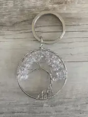 Crystal Clear Quartz Gemstone Tree Of Life Keychain Keyring