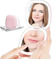 Compact LED Magnifying Travel Makeup Mirror 1X/10X Magnification Small Hand Pocket Mirror 3 Light Colors Dimmable Double Sided USB Rechargeable Touch Screen, Portable Cosmetic Mirror(Pink)