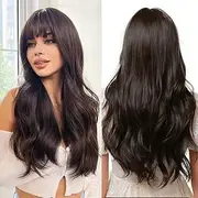 Long Natural Dark Brown Wig With Bang Long Curly Wavy Wigs For Women Natural Looking Dark Brown Wigs Natural Roots Looking For Women Daily Party Use（26 Inch）