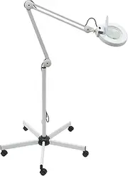 Magnifying Lamp, Magnifying Glass Floor Lamp with Adjustable Swivel Arm and Stand, Beauty Cosmetic Makeup 5X Magnifier Light with Moving Wheels