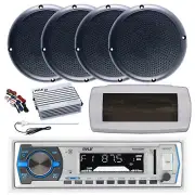 Pyle Bluetooth Marine Radio,Cover, Antenna,Amp w/Kit, 4x 5.25" 20W Black Speaker