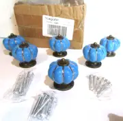 Lot of 6 Yagote Ceramic Blue Cabinet Knob Cupboard Dresser Drawer Handle Pulls
