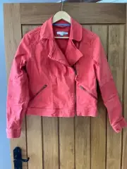 BODEN Denim Jacket Coral Red Size 14 Full Zip Pockets Fits 12