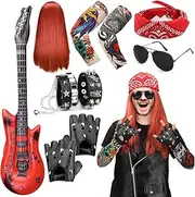 AUTOWT 1970s Rockstar Hippie Costume Accessories - 60s 70s 80s Metal Rock Band Punk Costume Set with Wig, Bandana, Sunglasses,Tattoo Sleeves, Gloves, Wrist Chains, Guitar, Men Women Woodstock Outfits